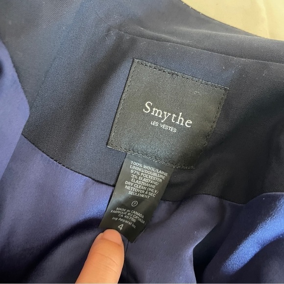 Smythe- Blue Navy White Collar Wool Blazer Jacket One Button Size 4 Work - Picture 10 of 10